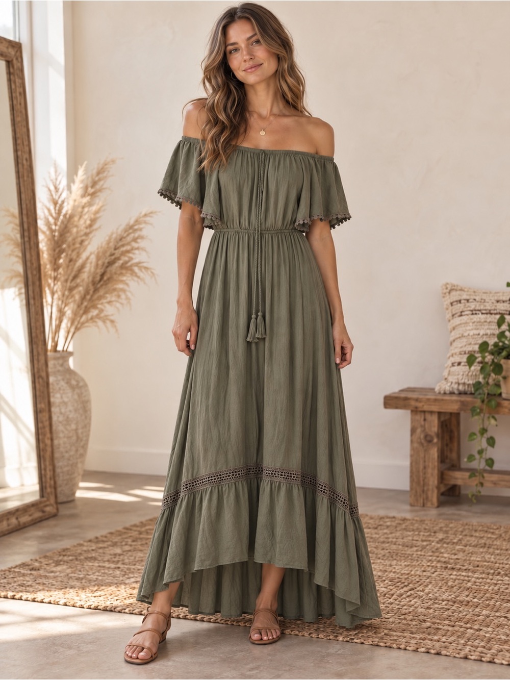 Time and Tru Off-the-Shoulder Olive Green Maxi Dress with Tassel Tie